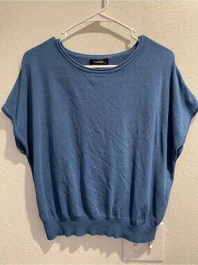💙 Boho Slate Blue Dolman Knit Cap Sleeve Sweater M